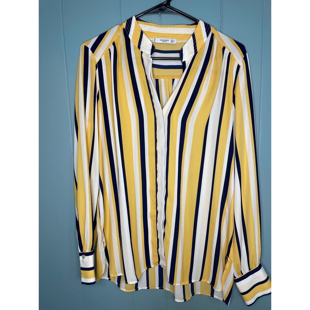Mango Blouse Women S Yellow Blue White Excellent Striped V-Neck Long Sleeve Top